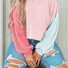 Fashion Dear-Lover Corded Colorblock Patchwork Drop Shoulder Long Sleeve Top Pink