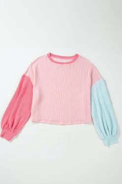 Fashion Dear-Lover Corded Colorblock Patchwork Drop Shoulder Long Sleeve Top Pink
