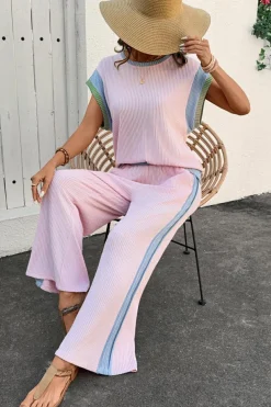 Outlet Dear-Lover Corded Colorblock Patchwork Short Sleeve Top and Loose Pants Set Pink