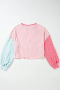 Fashion Dear-Lover Corded Colorblock Patchwork Drop Shoulder Long Sleeve Top Pink