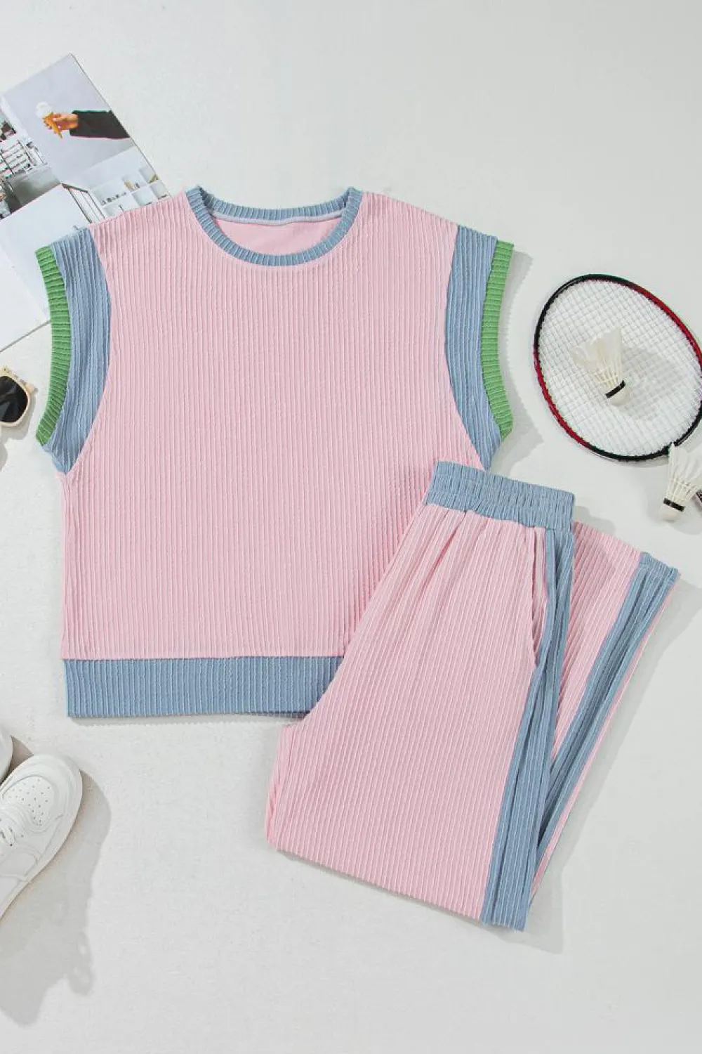 Outlet Dear-Lover Corded Colorblock Patchwork Short Sleeve Top and Loose Pants Set Pink