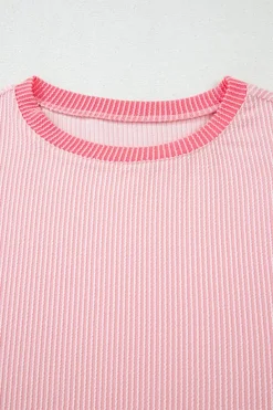 Fashion Dear-Lover Corded Colorblock Patchwork Drop Shoulder Long Sleeve Top Pink