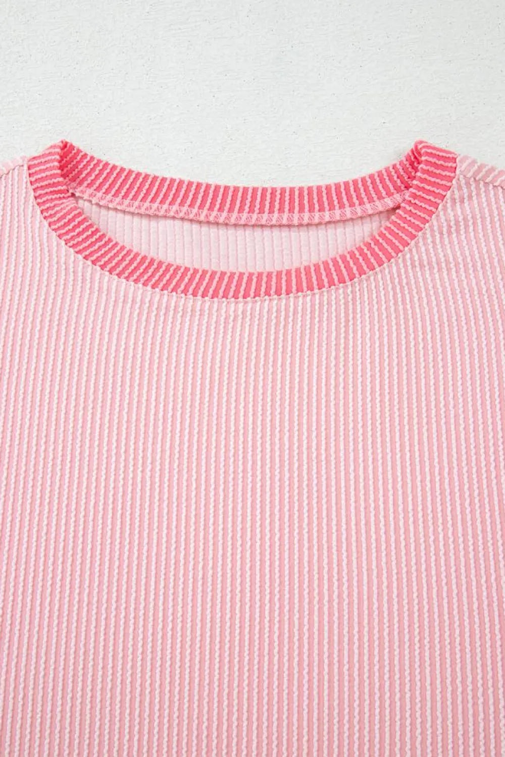 Fashion Dear-Lover Corded Colorblock Patchwork Drop Shoulder Long Sleeve Top Pink