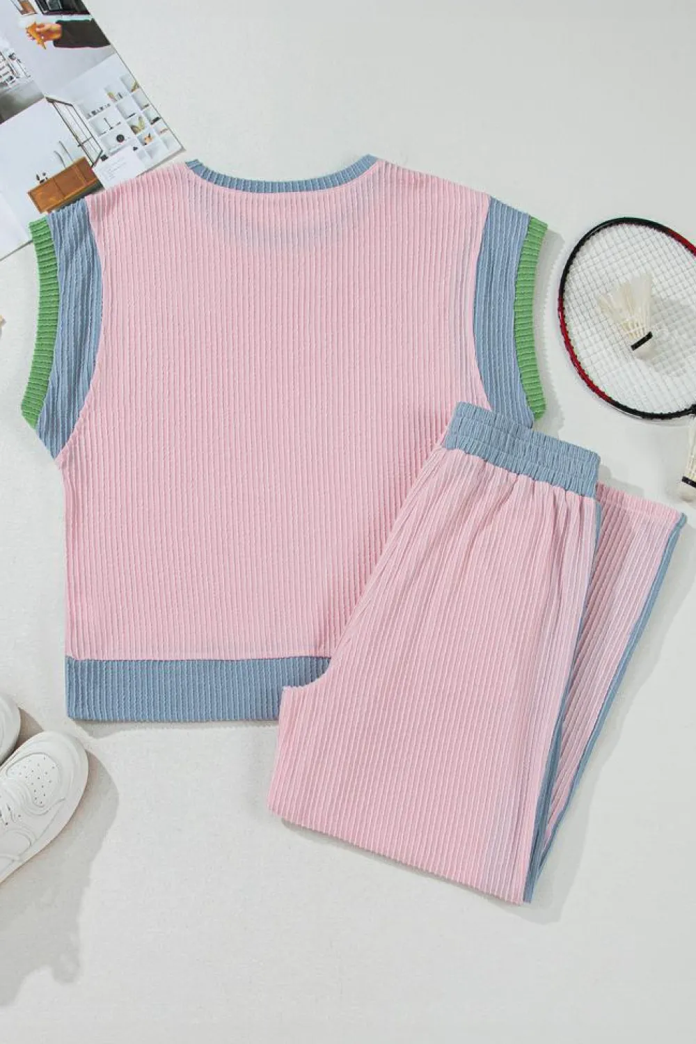 Outlet Dear-Lover Corded Colorblock Patchwork Short Sleeve Top and Loose Pants Set Pink