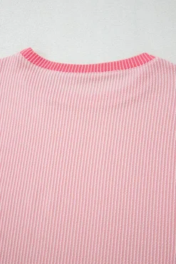 Fashion Dear-Lover Corded Colorblock Patchwork Drop Shoulder Long Sleeve Top Pink