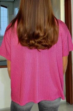 Online Dear-Lover Corded Knit Pocketed Loose Fit T Shirt Pink