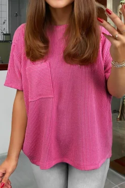 Online Dear-Lover Corded Knit Pocketed Loose Fit T Shirt Pink
