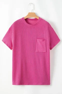Online Dear-Lover Corded Knit Pocketed Loose Fit T Shirt Pink