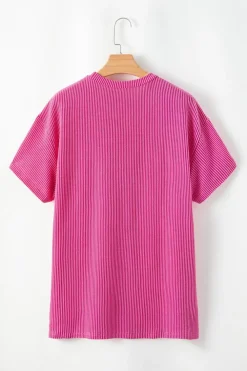 Online Dear-Lover Corded Knit Pocketed Loose Fit T Shirt Pink