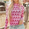 Outlet Dear-Lover Cowgirl Boots Printed Mock Neck Long Sleeve Mesh Top Pink