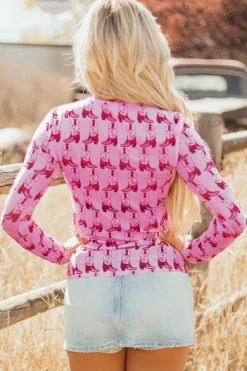 Outlet Dear-Lover Cowgirl Boots Printed Mock Neck Long Sleeve Mesh Top Pink