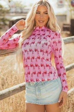 Outlet Dear-Lover Cowgirl Boots Printed Mock Neck Long Sleeve Mesh Top Pink