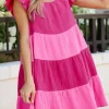 Best Dear-Lover Crinkled Colorblock Patchwork Flutter Tiered Mini Dress Pink