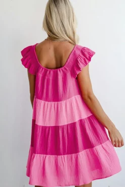 Best Dear-Lover Crinkled Colorblock Patchwork Flutter Tiered Mini Dress Pink