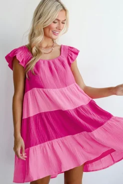 Best Dear-Lover Crinkled Colorblock Patchwork Flutter Tiered Mini Dress Pink