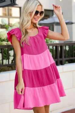 Best Dear-Lover Crinkled Colorblock Patchwork Flutter Tiered Mini Dress Pink