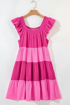Best Dear-Lover Crinkled Colorblock Patchwork Flutter Tiered Mini Dress Pink