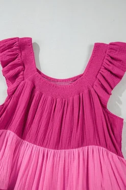 Best Dear-Lover Crinkled Colorblock Patchwork Flutter Tiered Mini Dress Pink