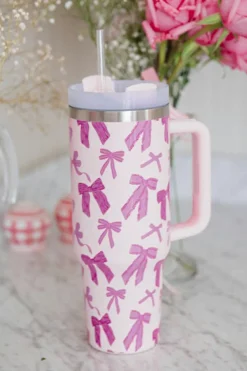 Best Dear-Lover Cute Bowknot Printed Tumbler with Handle 40oz Pink