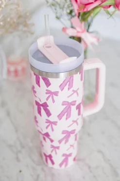 Best Dear-Lover Cute Bowknot Printed Tumbler with Handle 40oz Pink