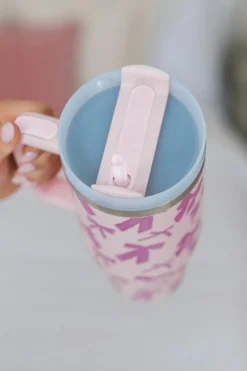Best Dear-Lover Cute Bowknot Printed Tumbler with Handle 40oz Pink