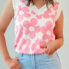 Online Dear-Lover Cute Flower Knitted V Neck Tank Top Pink