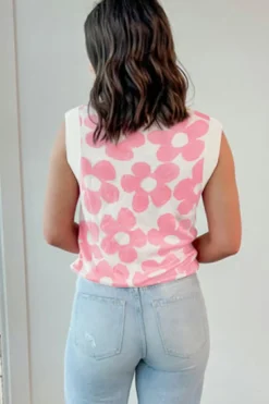 Online Dear-Lover Cute Flower Knitted V Neck Tank Top Pink
