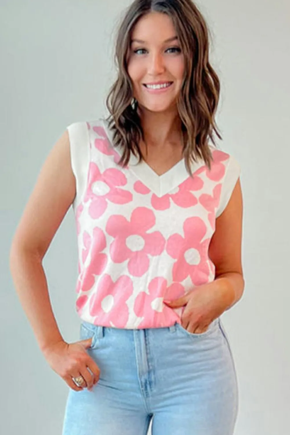 Online Dear-Lover Cute Flower Knitted V Neck Tank Top Pink