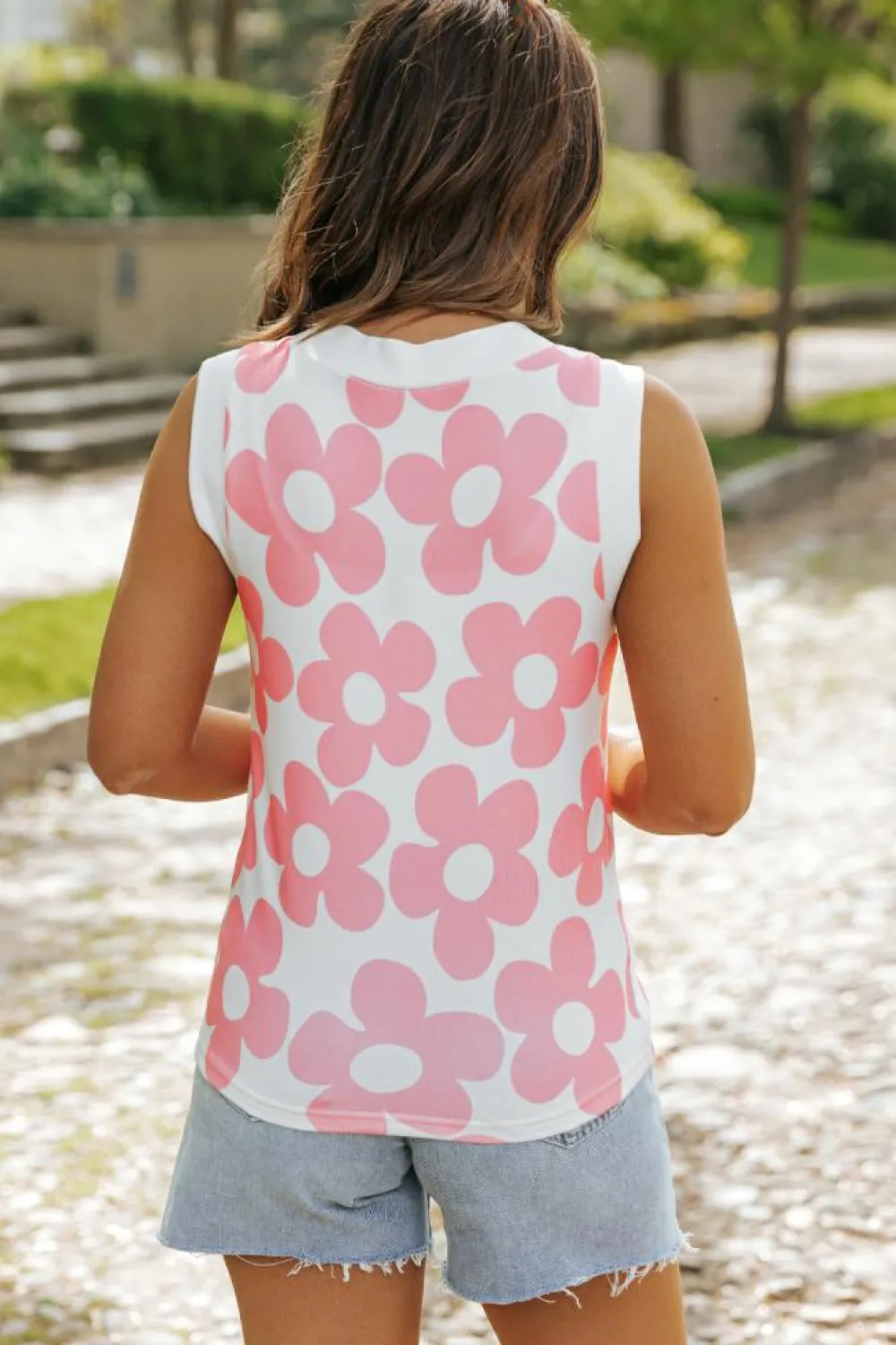 Online Dear-Lover Cute Flower Knitted V Neck Tank Top Pink