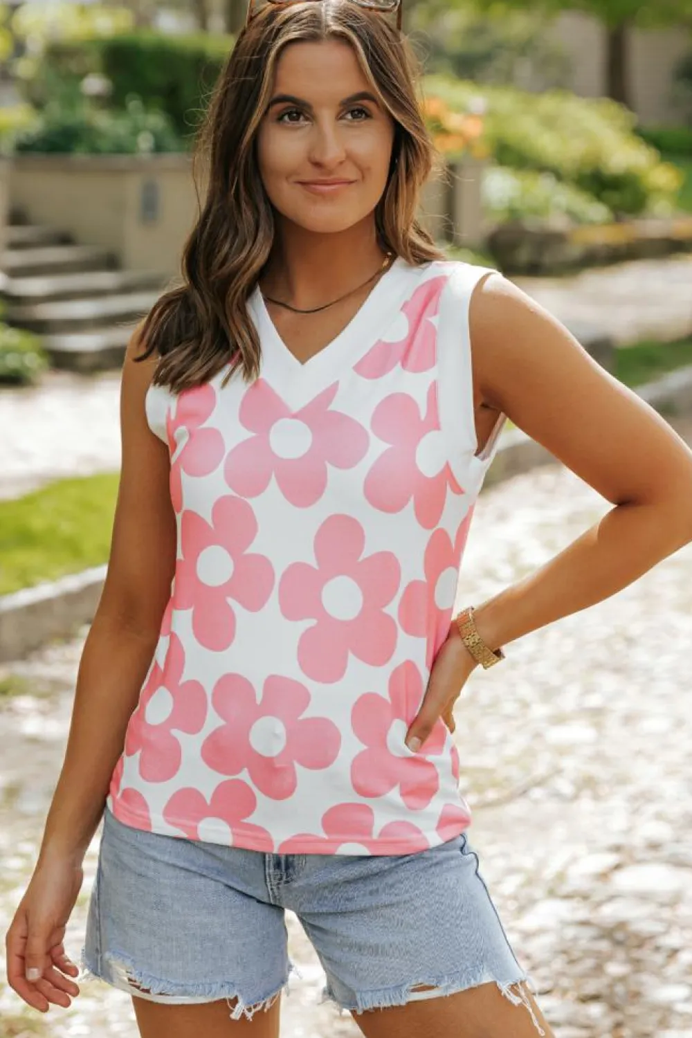 Online Dear-Lover Cute Flower Knitted V Neck Tank Top Pink