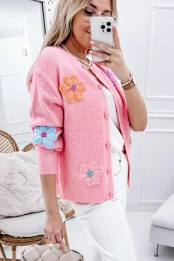 Sale Dear-Lover Cute Knitted Floral Pattern Button Up Cardigan Pink