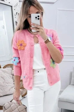 Sale Dear-Lover Cute Knitted Floral Pattern Button Up Cardigan Pink