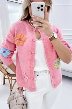 Sale Dear-Lover Cute Knitted Floral Pattern Button Up Cardigan Pink