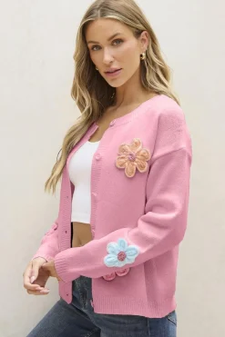 Sale Dear-Lover Cute Knitted Floral Pattern Button Up Cardigan Pink