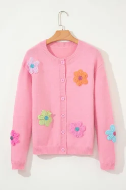 Sale Dear-Lover Cute Knitted Floral Pattern Button Up Cardigan Pink
