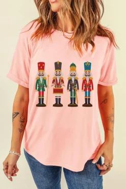 Sale Dear-Lover Cute Nutcracker Graphic Crewneck Christmas T Shirt Pink