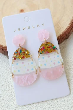 Clearance Dear-Lover Cute Printed Easter Egg Shape Drop Earrings Pink