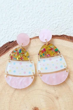 Clearance Dear-Lover Cute Printed Easter Egg Shape Drop Earrings Pink