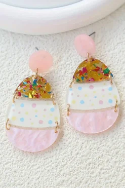 Clearance Dear-Lover Cute Printed Easter Egg Shape Drop Earrings Pink