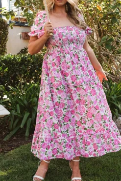 Outlet Dear-Lover Dainty Floral Smocked Puff Sleeve Flowy Long Dress Pink