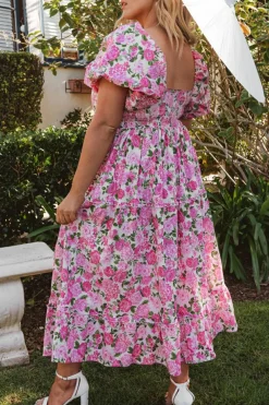 Outlet Dear-Lover Dainty Floral Smocked Puff Sleeve Flowy Long Dress Pink