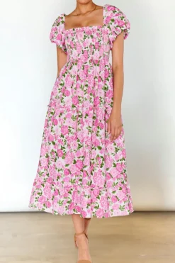 Outlet Dear-Lover Dainty Floral Smocked Puff Sleeve Flowy Long Dress Pink