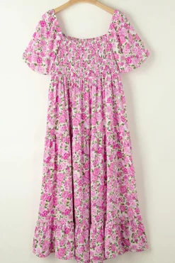 Outlet Dear-Lover Dainty Floral Smocked Puff Sleeve Flowy Long Dress Pink