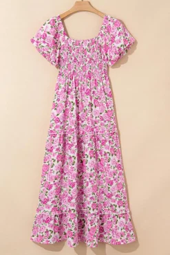 Outlet Dear-Lover Dainty Floral Smocked Puff Sleeve Flowy Long Dress Pink