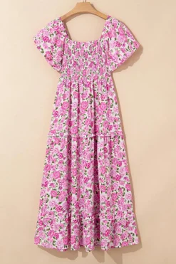 Outlet Dear-Lover Dainty Floral Smocked Puff Sleeve Flowy Long Dress Pink