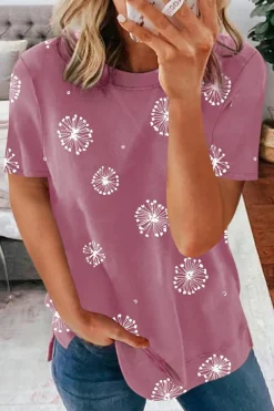 Fashion Dear-Lover Dandelion Print Crew Neck T-shirt Pink