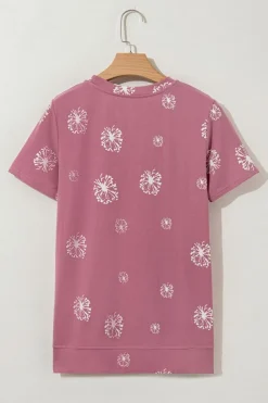 Fashion Dear-Lover Dandelion Print Crew Neck T-shirt Pink