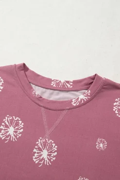 Fashion Dear-Lover Dandelion Print Crew Neck T-shirt Pink