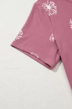 Fashion Dear-Lover Dandelion Print Crew Neck T-shirt Pink