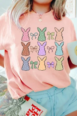 Clearance Dear-Lover Dotty Bunny Bow Printed Easter Day Fashion T Shirt Pink